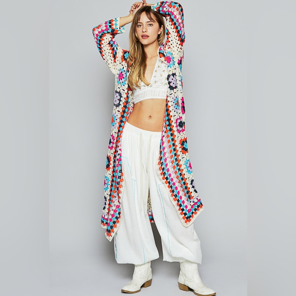 LAST 2! . POL MULTICOLOR CROCHET CARDIGAN SWEATER DUSTER square  boho bohemian - Picture 3 of 4